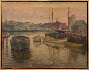 Andrew Thomas Schwartz Vintage Harbor Oil Painting Fishing Boats, Wharf Scene, Maritime Art