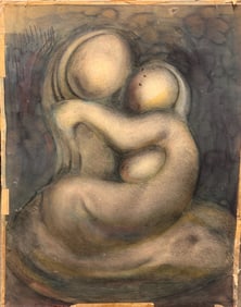 Vintage Modernist Mother & Child Drawing – Emotional Abstract Figurative Art