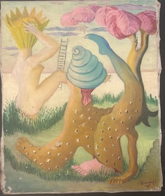 Surrealist Fantasy Painting – Mythical Creatures & Dreamscape by Kwofyi, Vintage Art