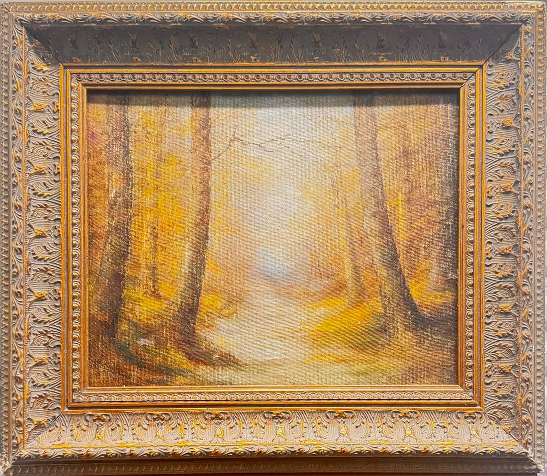 Antique Woodland Landscape Painting Misty Forest Path, 19th/20th C.: This beautiful antique woodland landscape painting captures a serene forest pathway bathed in soft, misty light. Tall trees frame a winding trail that gradually disappears into a glowing, atmospheric 