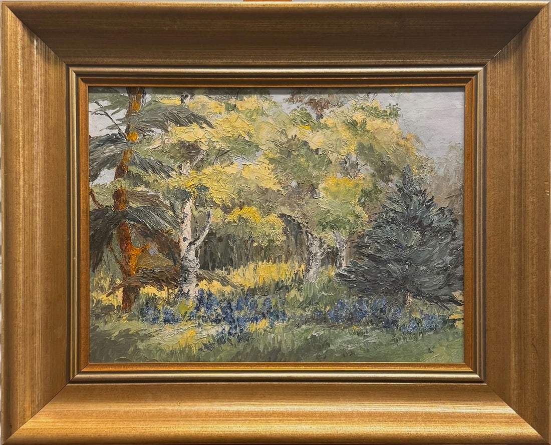 Vintage Impressionist Wild Lupin Landscape Exhibited Woman Artist Signed: Gladys Hay Samson of Northampton, This charming plein-air landscape captures the quiet beauty of a spring meadow framed by birch trees and evergreens. Painted with lively impressionistic brushwork, th