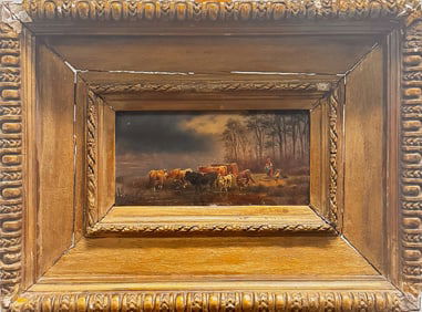 Antique Pastoral Oil Painting – Cattle at Dusk in Ornate Gold Frame