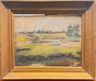 Antique Plein Air Riverbank Oil Painting with Boats – Signed, Early Landscape