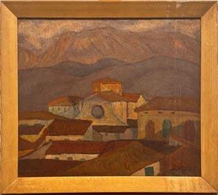 Mid-Century European Village Landscape – Muted Modernist Mountain Scene