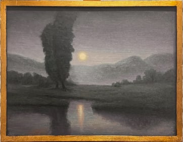 Atmospheric Moonlit Landscape – Misty River Valley Oil Painting