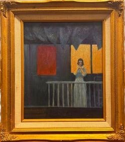 Mystery Nocturne Balcony Scene – Moody Figurative Oil Painting