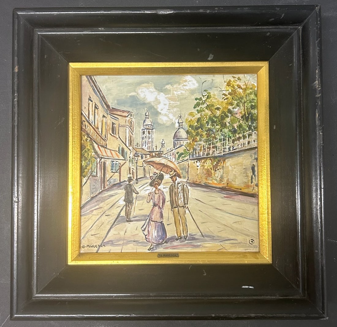 Vintage Parisian Impressionist oil on porcelain scene Italian artist Mario Maresca signed 1: This charming vintage oil painting captures a refined Parisian promenade, complete with elegantly dressed figures strolling beneath warm afternoon light. At the forefront, a fashionable couple shares 
