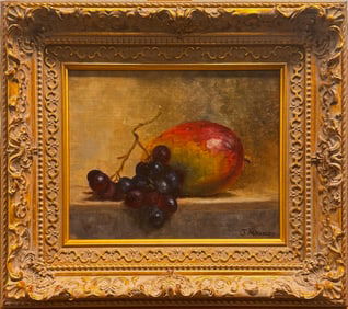 Elegant Antique Still Life Oil Painting – Mango & Grapes, Ornate Gilded Frame