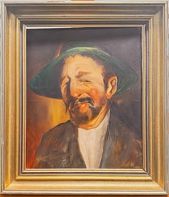 Vintage Portrait Oil Painting of Bearded Man in Hat – Signed, Framed Character Study