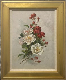 Signed 1947 Floral Still Life Oil Painting – Roses in Bloom, Gold Frame - J.L Gallagher