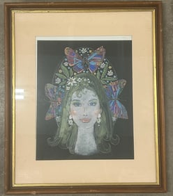 Whimsical Portrait of Woman with Butterflies – Vintage Mixed Media Art, Framed