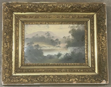 Antique Framed Landscape Painting – Tranquil Lake & Mountains, Ornate Gilded Frame