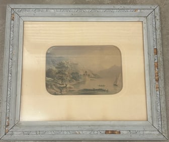19th C. Hand-Colored Lake & Mountain Landscape – Antique Framed Pastoral Scene