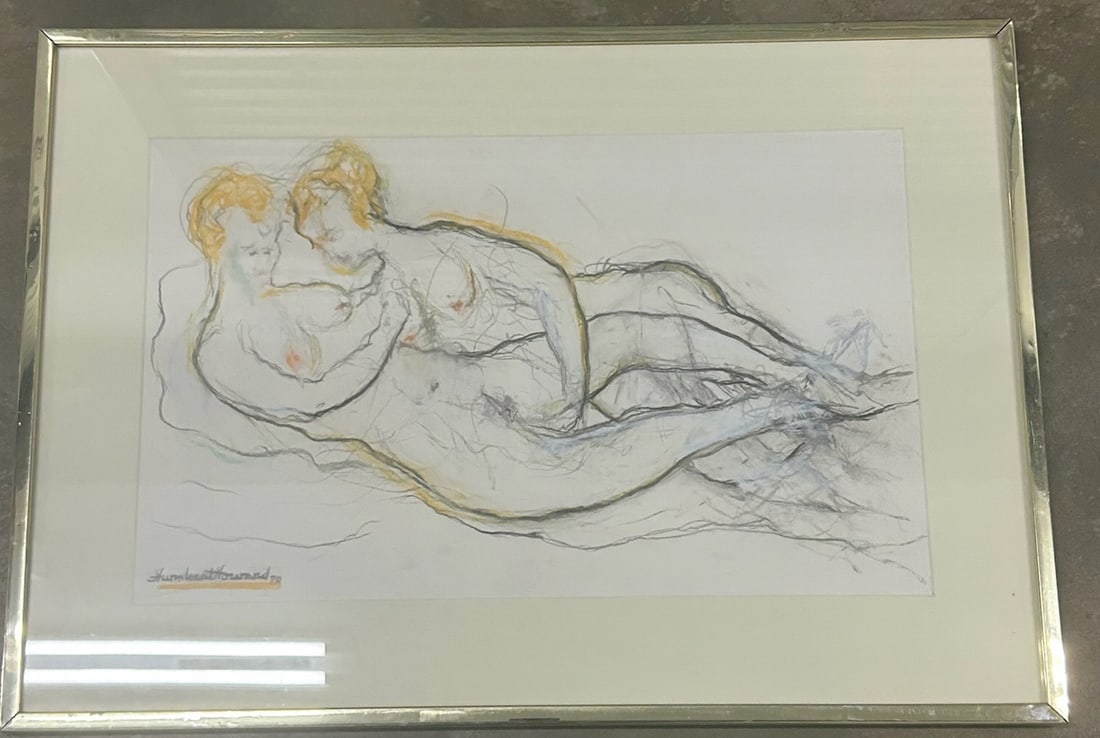 Vintage American Philadelphia African American Artist Humbert Howard Signed Erotic Artwork: Vintage American Philadelphia African American Artist Humbert Howard Signed Erotic Artwork of 2 nude women in a playful embrace. A bold and intimate modern figurative drawing rendered with fluid, expr