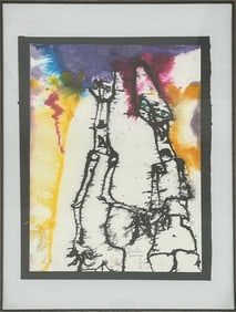 Martin Sumers (1922-2012) Vibrant Abstract Figurative Watercolor – Surreal Pink Composition,