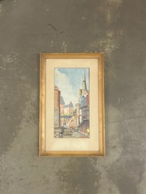 Charming European Street Scene — Vintage Framed Cityscape Painting