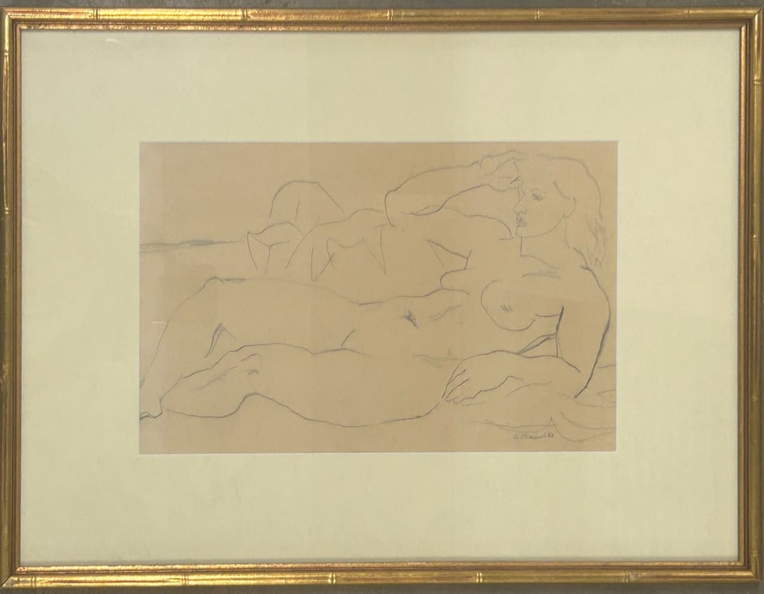 Vintage American Female Nude Figurative Drawing Alex Minewski Signed: Alexander Minewski left home at the age of 14 to work in the circus, helping set up and take down the equipment. He always aspired to be ringmaster but never got that far in his entertainment career. 