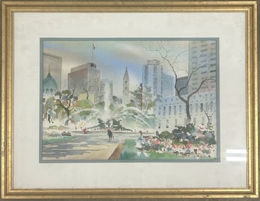 Vibrant City Fountain Park Watercolor – Signed Original, Framed Landscape