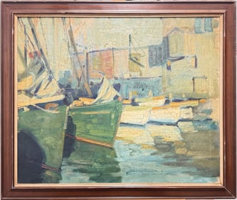 Mid-Century Impressionist Harbor Scene – Colorful Boats & Reflections Oil Painting