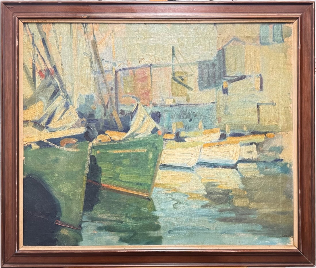 American Post Impressionist Oil Painting Harbor Scene Boats Signed Ellery (1 of 6)