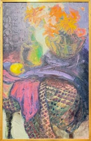 Vibrant Modernist Still Life with Flowers, Lemon & Textures – Bold Expressive Oil Painting