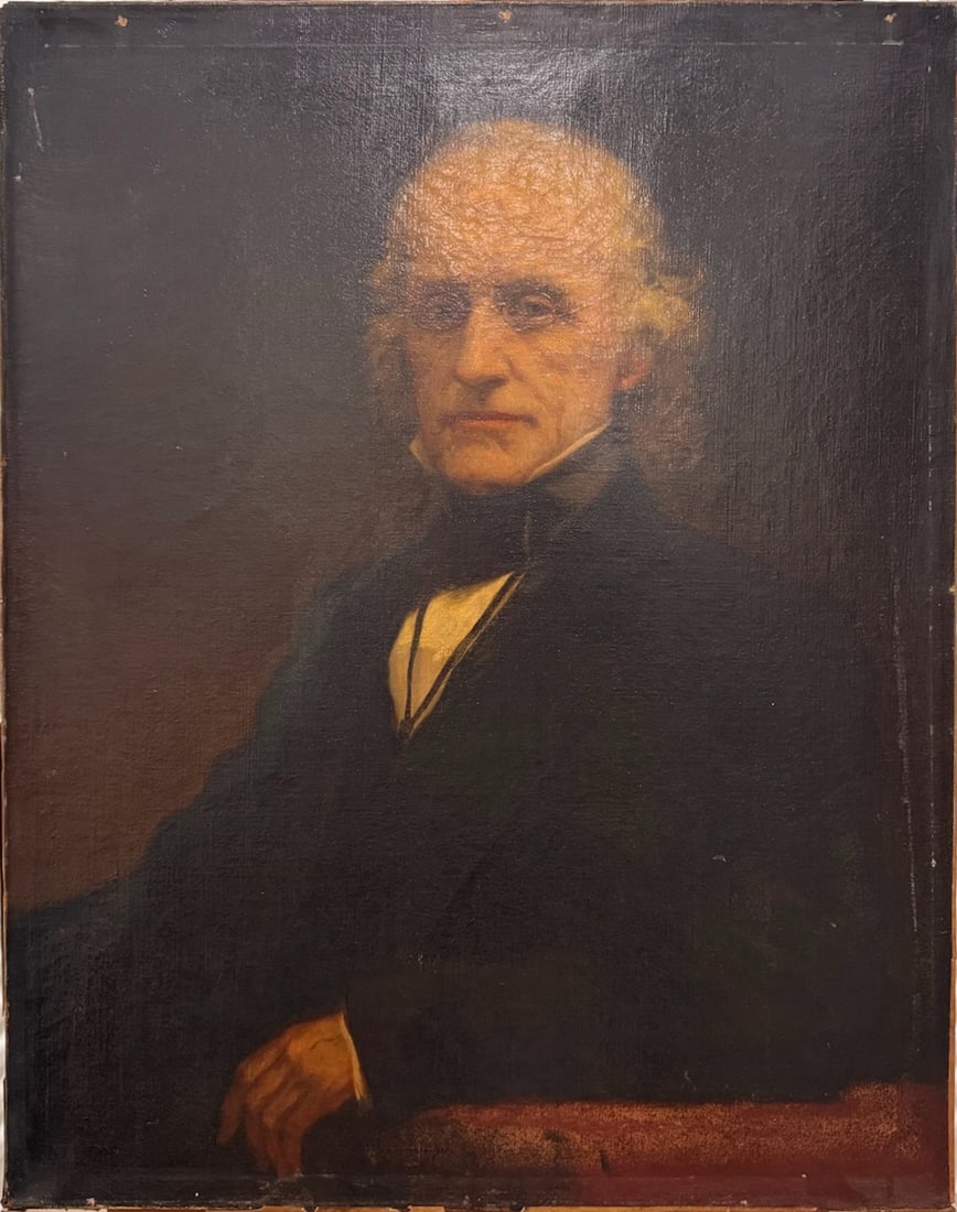 19th Century American Colonial Oil Painting Distinguished Gentleman: This striking 19th-century oil portrait captures the dignified presence of an elderly gentleman, rendered with remarkable depth, realism, and a masterful command of light and shadow. The sitter’s co