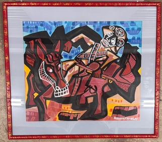 Vibrant 1987 Abstract Rider & Horse – Signed Almada Ramos Modernist Painting