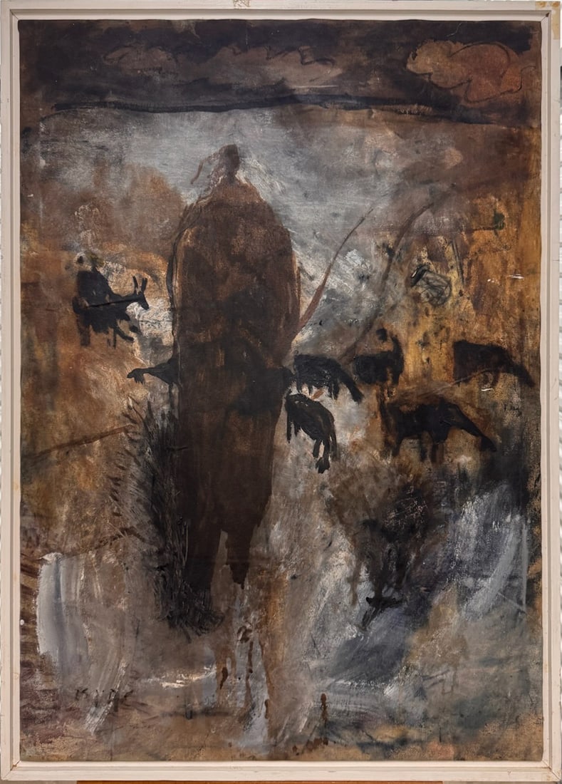 Vintage Native American Imagery Oil Painting Modern Abstract Signed Mystery: Vintage Native American Imagery Oil Painting Modern Abstract Signed, This striking, atmospheric work presents a solitary figure standing amid a wandering flock, rendered in a highly expressive blend o