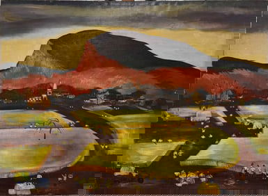 Vibrant Harvest Valley Scene with Red Bluff Mountain – Folk-Style Landscape Painting