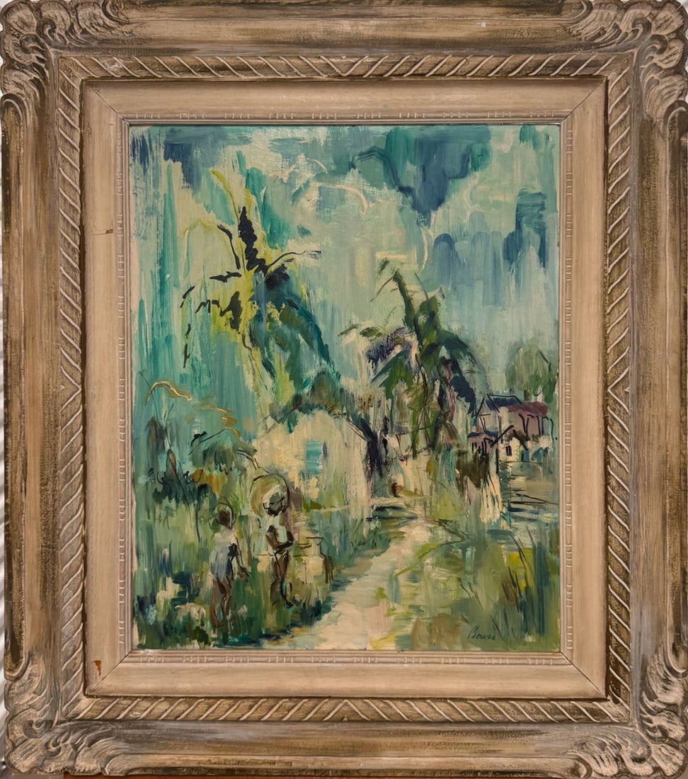 Vintage American Artist Betty Bowes Eleuthera Bahamas Oil Painting Signed: This vivid impressionist painting captures the essence of a tropical village, rendered in energetic strokes of turquoise, jade, and sun-washed yellow. Towering palms sway above a winding footpath as s