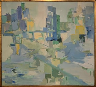 Abstract Cityscape in Cool Blues & Greens – Mid-Century Modern Geometric Painting