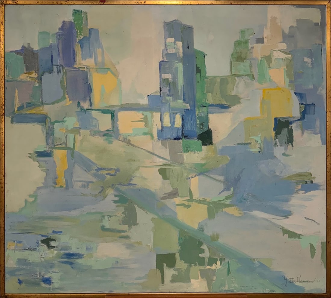 Abstract Cityscape in Cool Blues & Greens – Mid-Century Modern Geometric Painting (1 of 7)