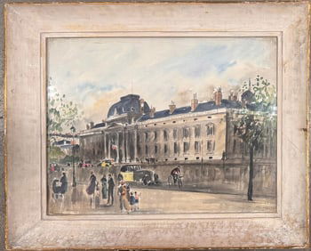 Elegant European Street Scene – Vintage Watercolor of Grand Architecture & City Life
