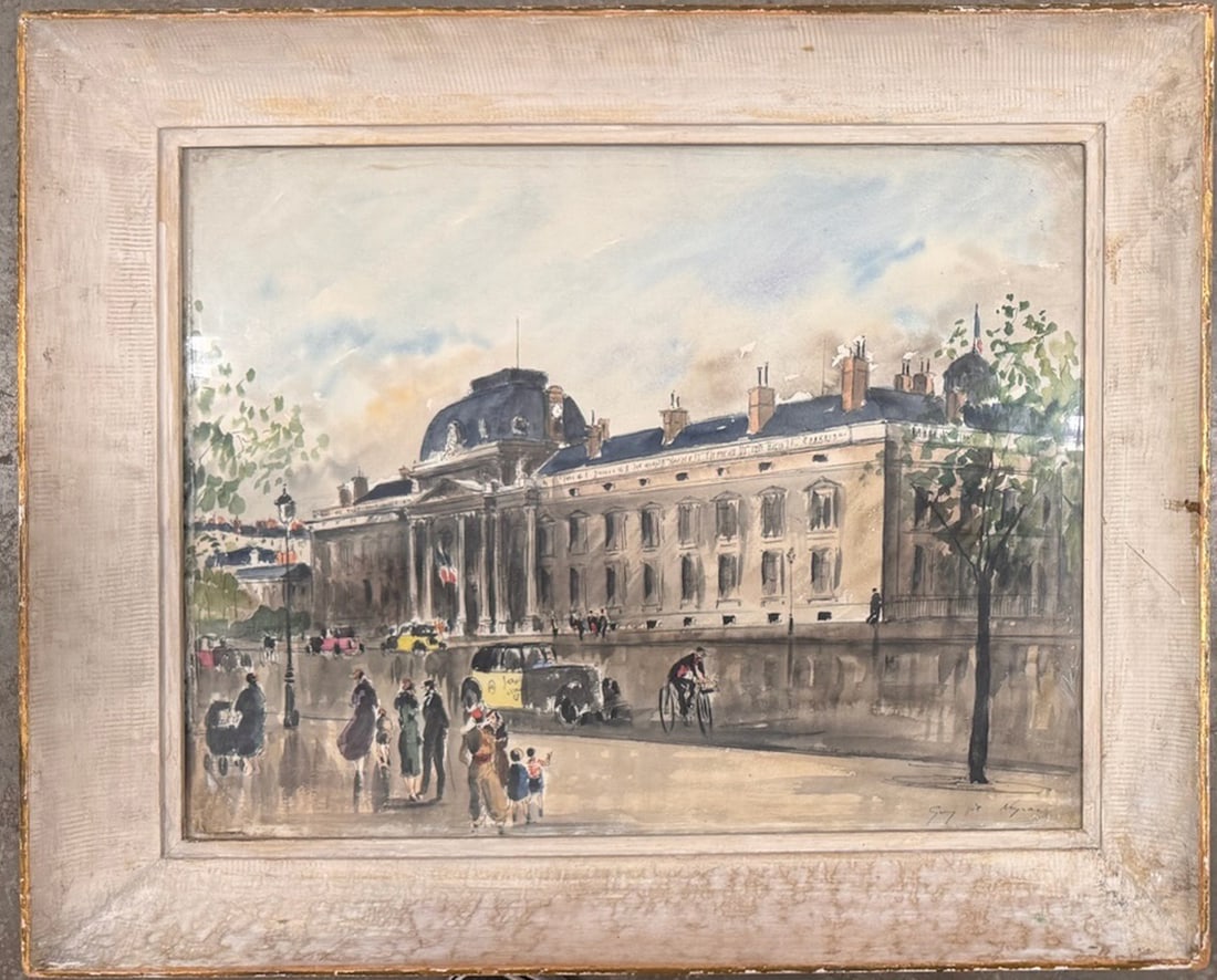 Vintage Elegant French Street Scene Guy De Neyrec Signed Watercolor (1 of 6)