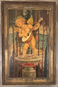 “Cherub Serenade” – Vintage Winged Cupid Painting with Mandolin & Ornate Frame