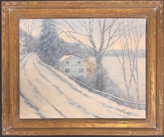 Vintage Winter Landscape Oil Painting – Snowy Road & Farmhouse Scene in Gilt Frame