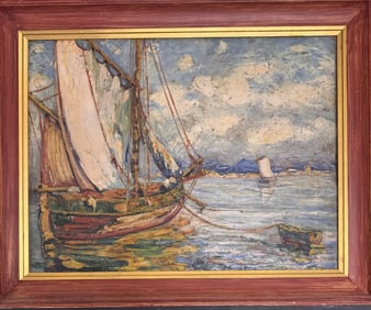 Vintage Impressionist Oil Painting – Sailboats on Harbor with Textured Brushwork