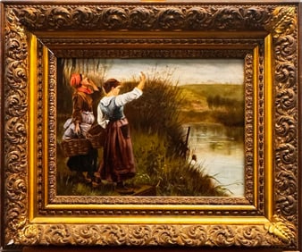 19th-Century Genre Scene of Two Girls by the River — Antique Oil Painting in Ornate Gilt Frame