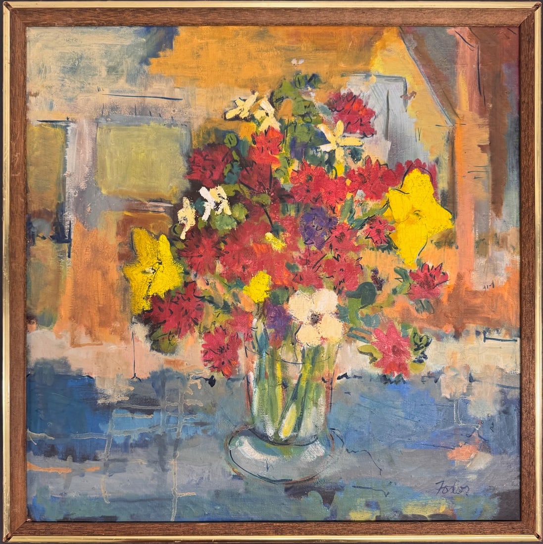 Vivid Mid-Century Modern Floral Still Life Colorful Oil Painting in Wood Frame Signed Fodor (1 of 7)