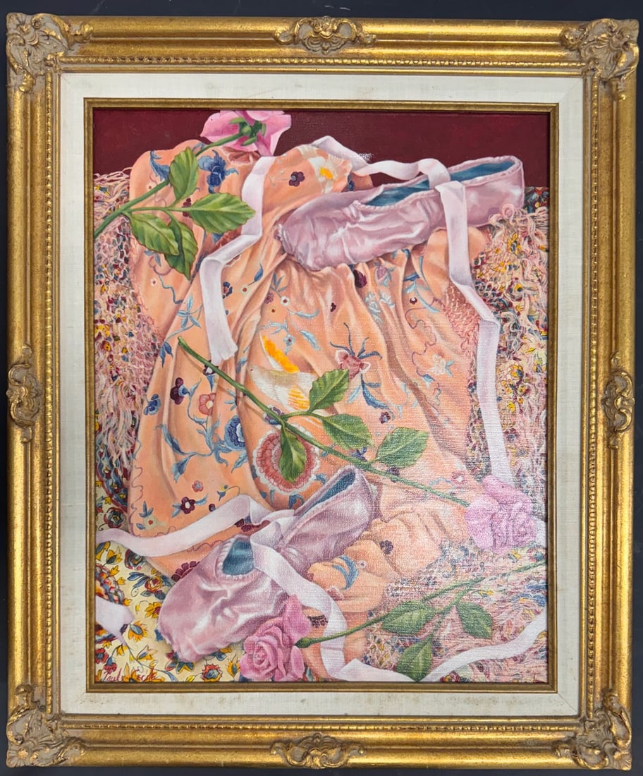 Realist Ballet Still Life Oil Painting Pink Pointe Shoes, Silk & Roses in Ornate Frame: This exquisite realist still life painting presents a beautifully detailed arrangement of soft pink ballet pointe shoes resting atop an embroidered peach silk garment. The artist’s remarkable precis