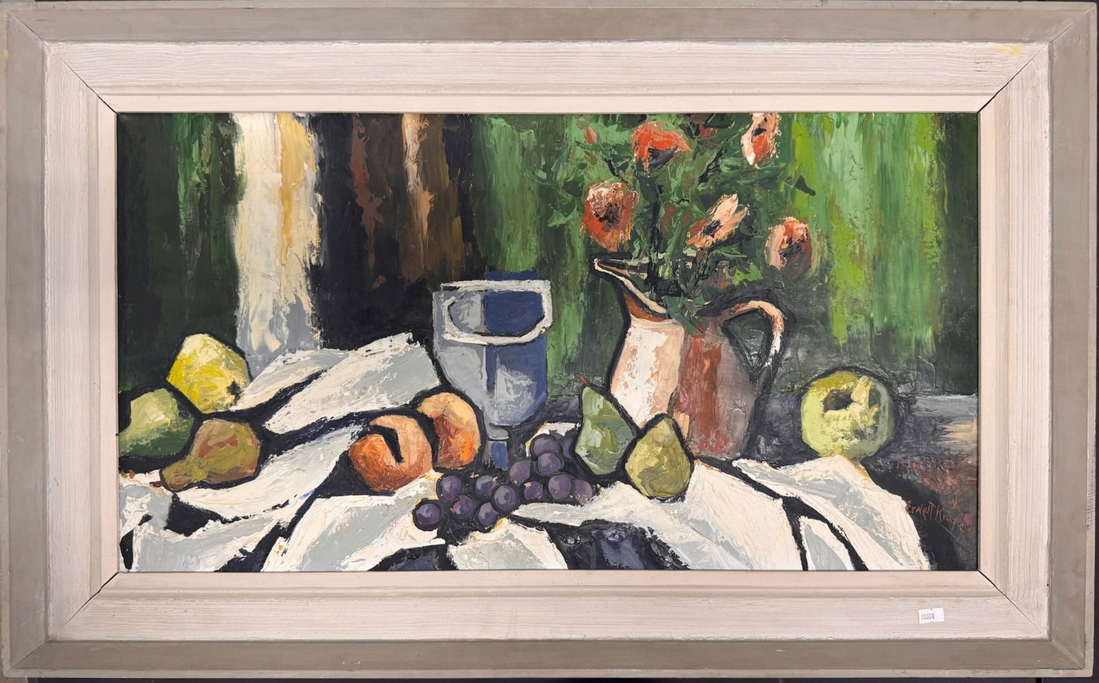 Large Mid-Century Modern Still Life Oil Painting – Fruit, Flowers & Pitchers, Signed (1 of 5)