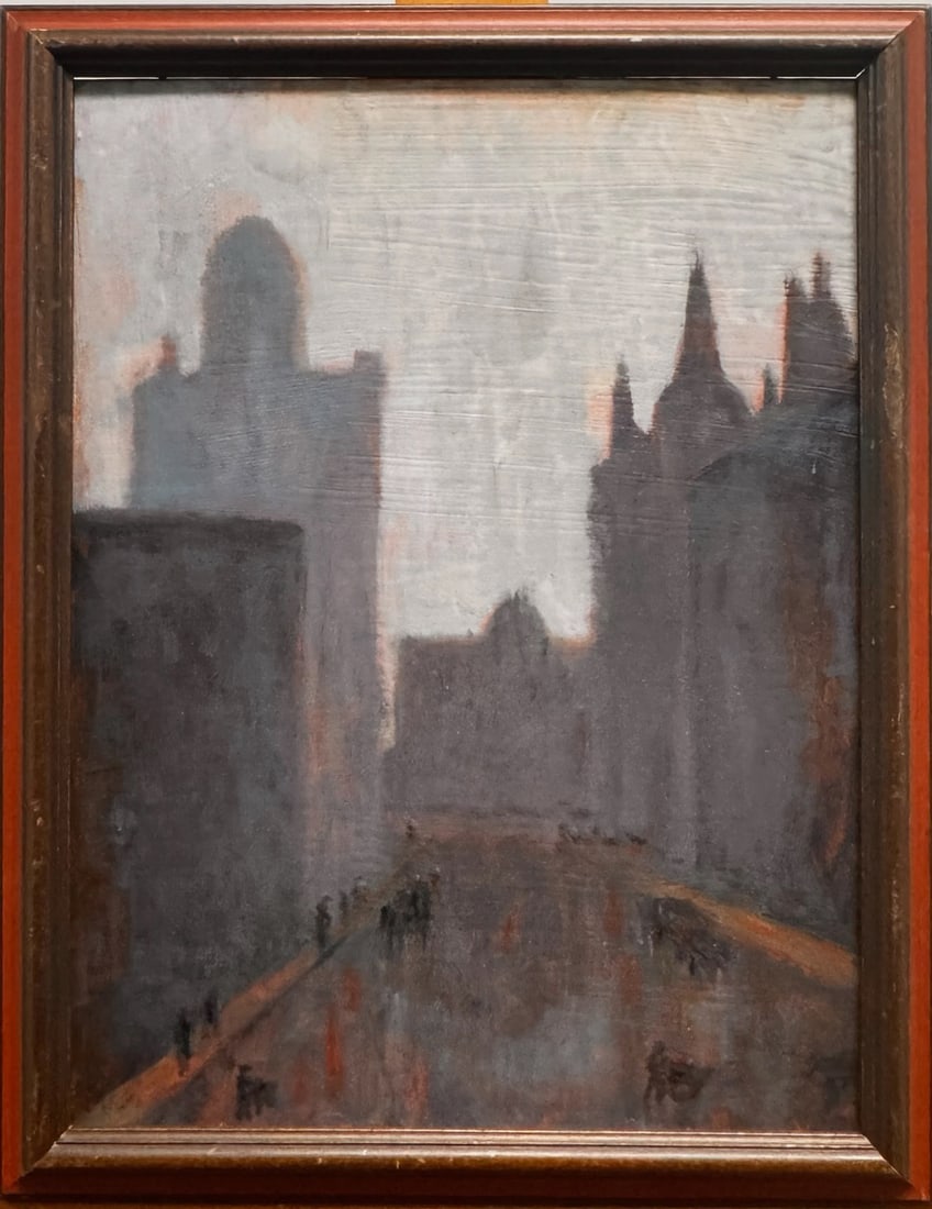 Vintage Impressionist Cityscape Oil Painting – Foggy Urban Street Scene, Framed: This evocative vintage oil painting captures a misty city street enveloped in soft atmospheric light. Rendered in a muted palette of grays, blues, and warm rose tones, the artist creates an impression