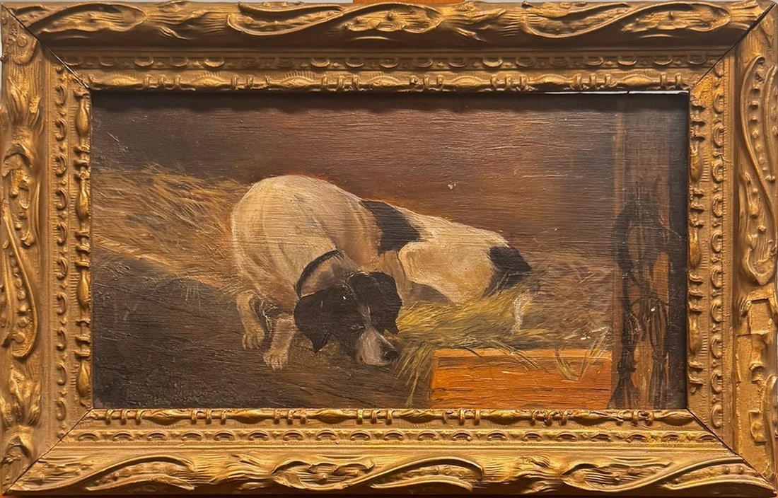 Antique Oil Painting of Dog in Stable – 19th-C. Style Animal Scene, Ornate Gilt Frame (1 of 6)