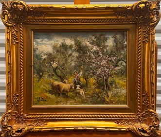 Signed Vintage Pastoral Oil Painting – Shepherd & Sheep in Orchard, Ornate Gilt Frame