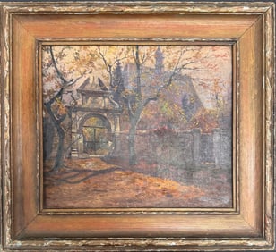 Vintage Autumn Landscape Oil Painting – Old Stone Gate & Trees, Rustic Wood Frame