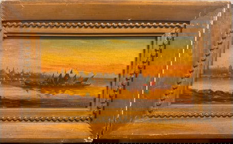 Antique Sunset Harbor Oil Painting with Sailboats – Signed by M. Sicardi , Ornate Frame- Signed