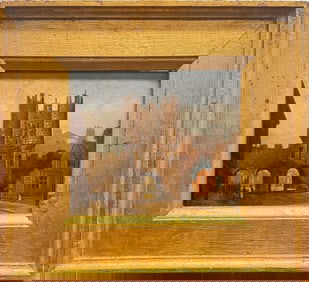 Antique Oil Painting – Medieval City Gate Scene, 19th Century Style, Gilt Frame