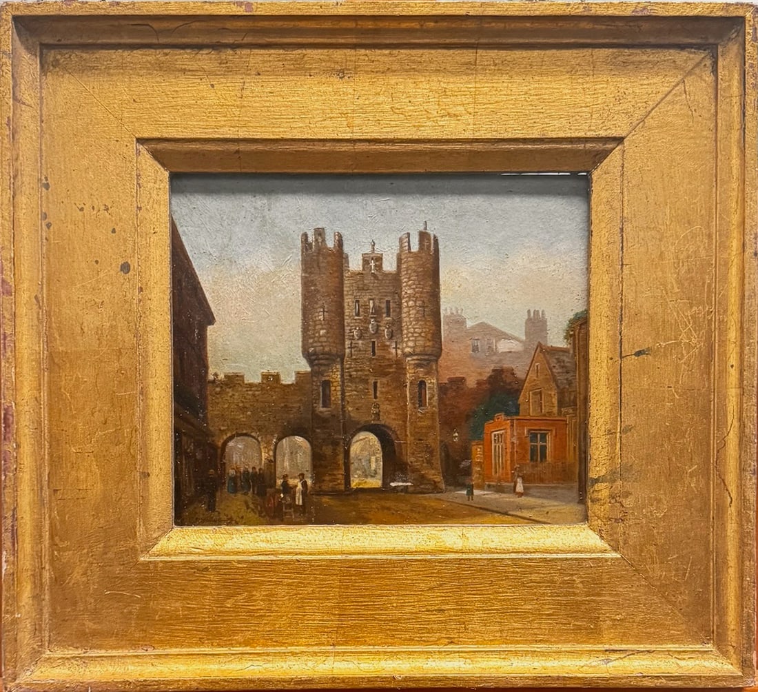 Antique Oil Painting – Medieval City Gate Scene, 19th Century Style, Gilt Frame (1 of 7)