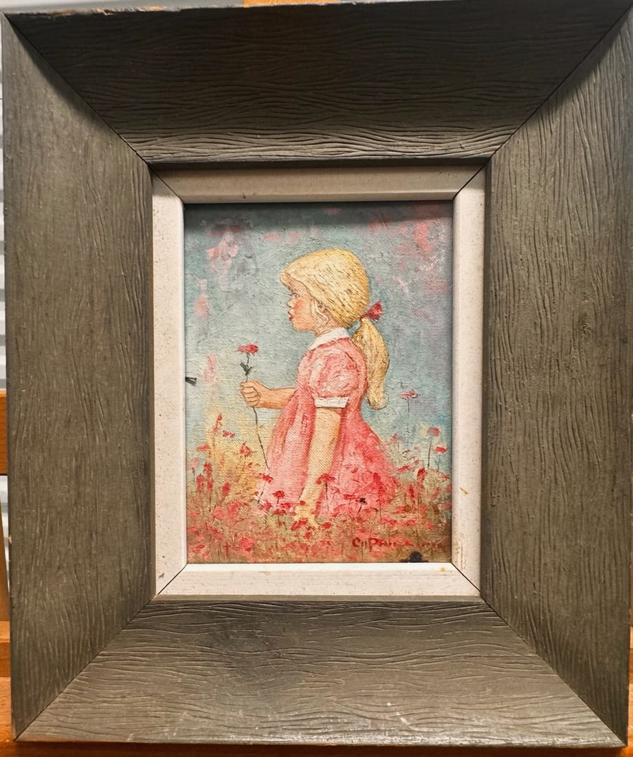 Vintage Oil Painting of Blonde Girl with Flower in Meadow – Signed, Framed Art (1 of 7)