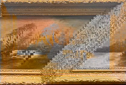 Antique Orientalist Oil Painting – Sunset Landscape with Mosque & Figures, Gilt Frame